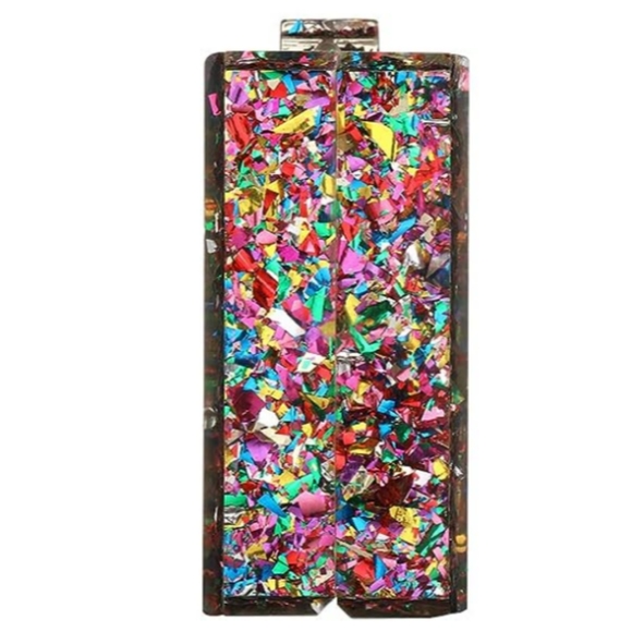 Abstract Multicolor Confetti Glitter Hard Clutch Box Purse Crossbody Chain Bag - Picture 4 of 13